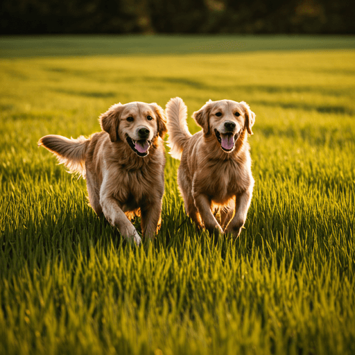 Two happy dogs running through grass