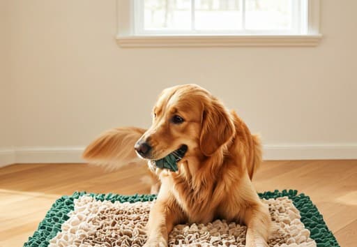 Golden retriever using the LUCK CLAWS Interactive Snuffle Mat in Forest Green and Cream.