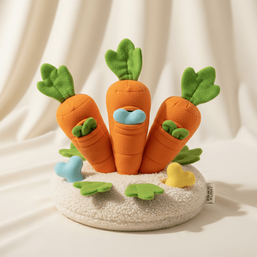 Carrot-shaped plush foraging toy by LUCK CLAWS.
