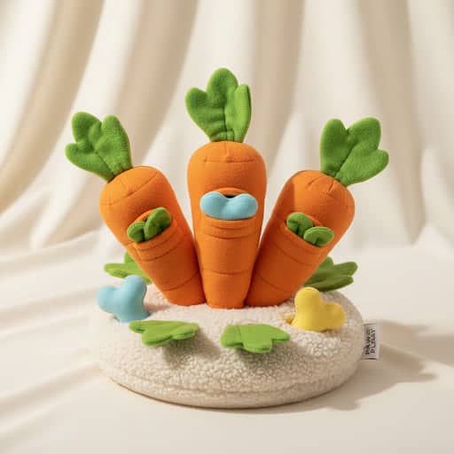 Carrot-shaped plush foraging toy by LUCK CLAWS.